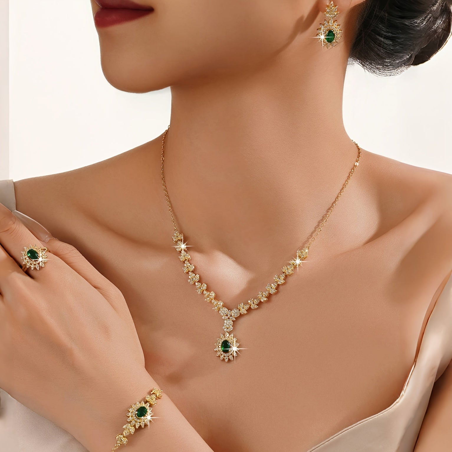 5-Piece Bridal Jewelry Set Necklace Earrings Bracelet Ring Cubic Zirconia Elegant Wedding Accessories