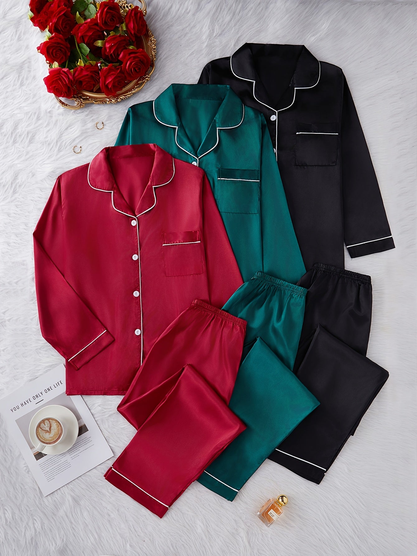 Conjunto de pijama de otoño e invierno para mujer con cárdigan colorido y pantalones de manga larga