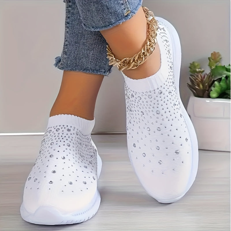 Women's Rhinestone Sneakers Breathable Knit Slip-On White Casual Shoes