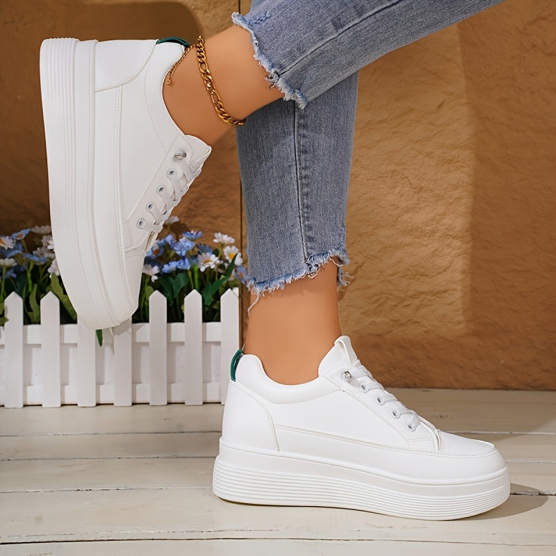 Women's White Sneakers with Inner Height Increase Casual Low-Top Lace-Up Shoes
