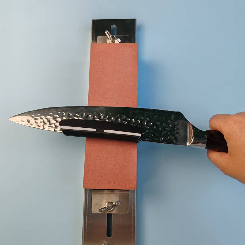 Stainless steel sink-mounted sharpening rack with adjustable bracket and glass oilstone