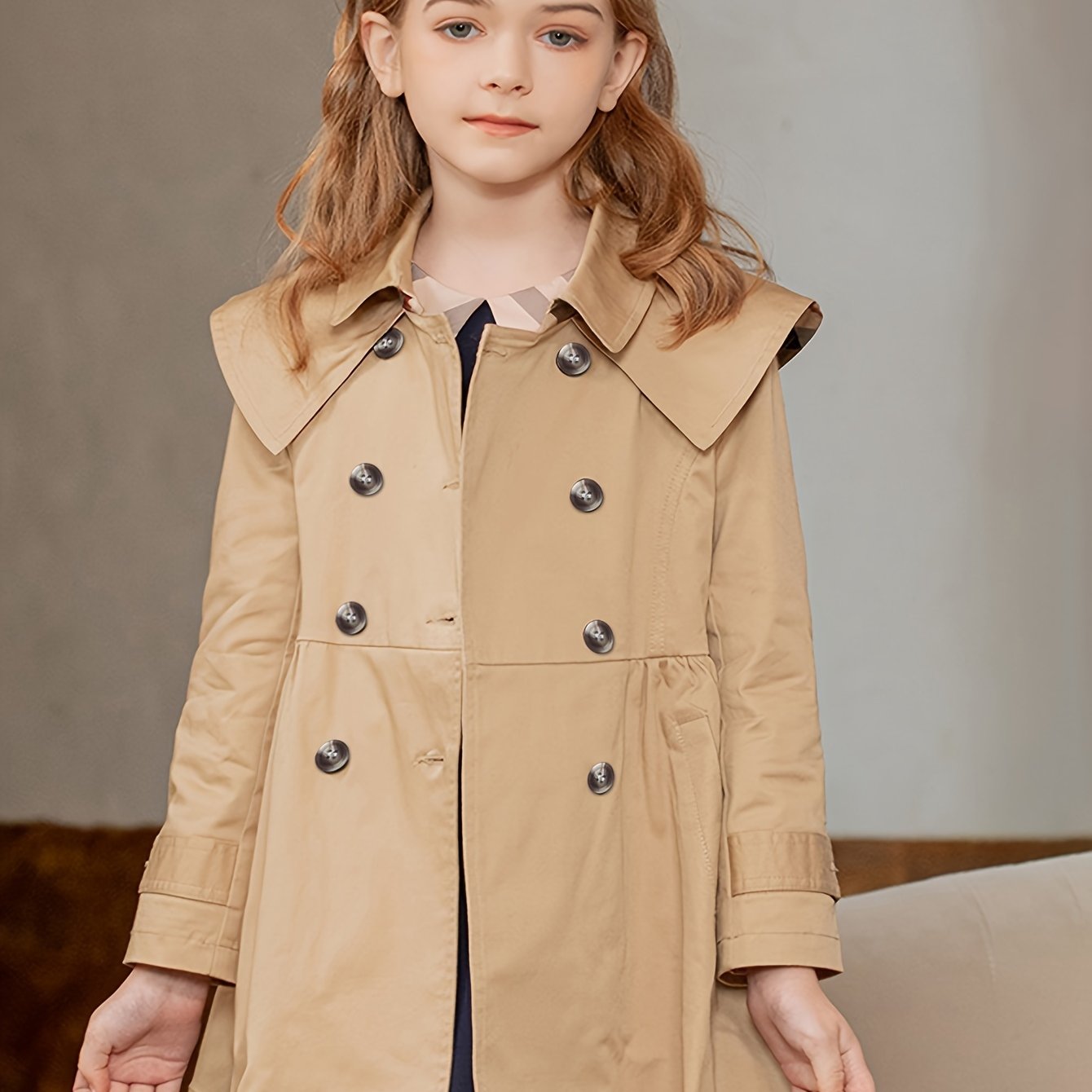 Girls Trench Coat Autumn Winter Princess Style Woven Polyester Tailored Waist
