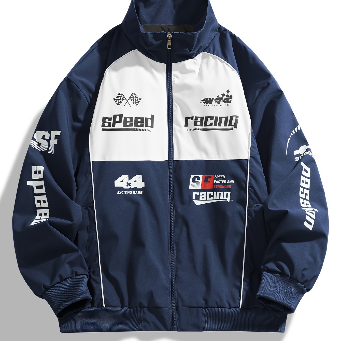 Men's Polyester Bomber Jacket with Zipper Stand Collar Long Sleeves Letter Print Casual