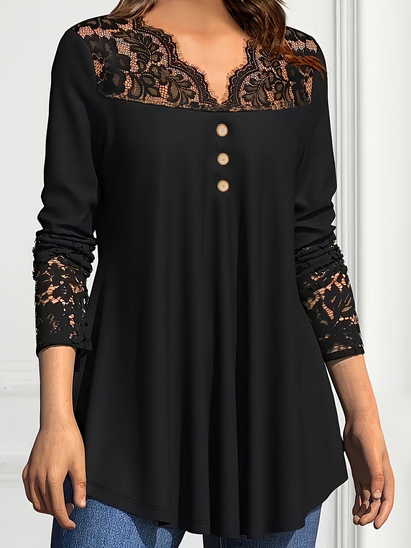 Plus Size V-Neck Tunic Dress with Lace Trim Long Sleeves Semi-Sheer Stretch Fabric
