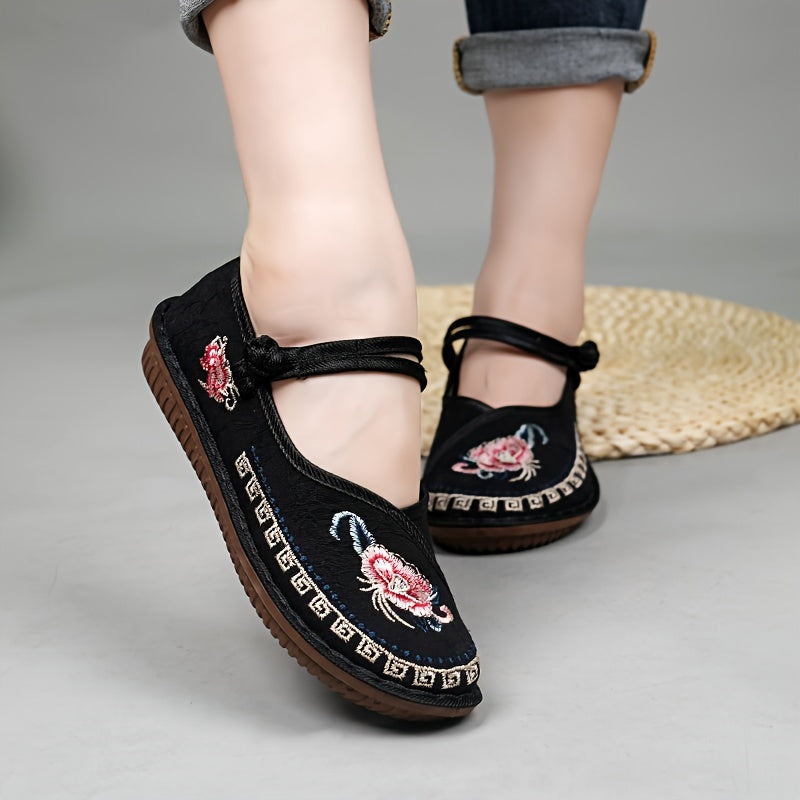 Women's Embroidered Flower Mary Janes Lightweight Slip-On Shoes for Spring Summer