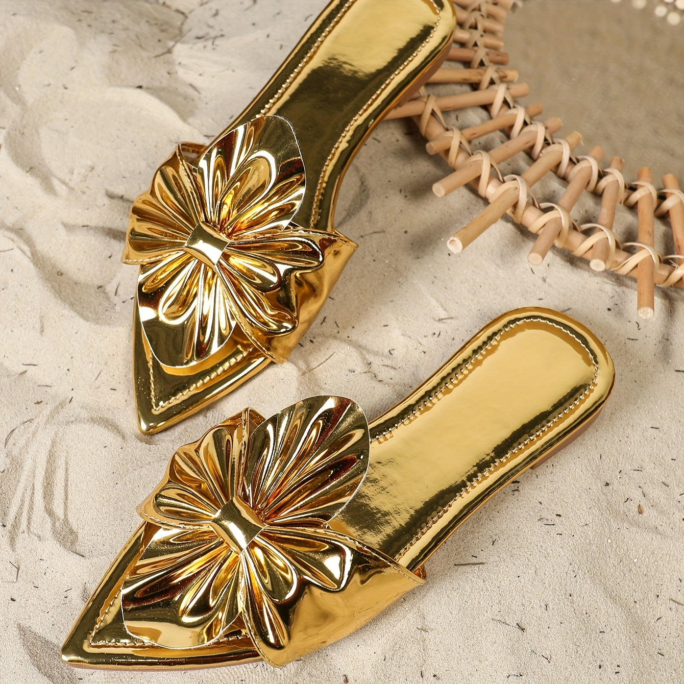 Women Metallic Slip-On Mules with Floral Bow Pointed Toe Flats