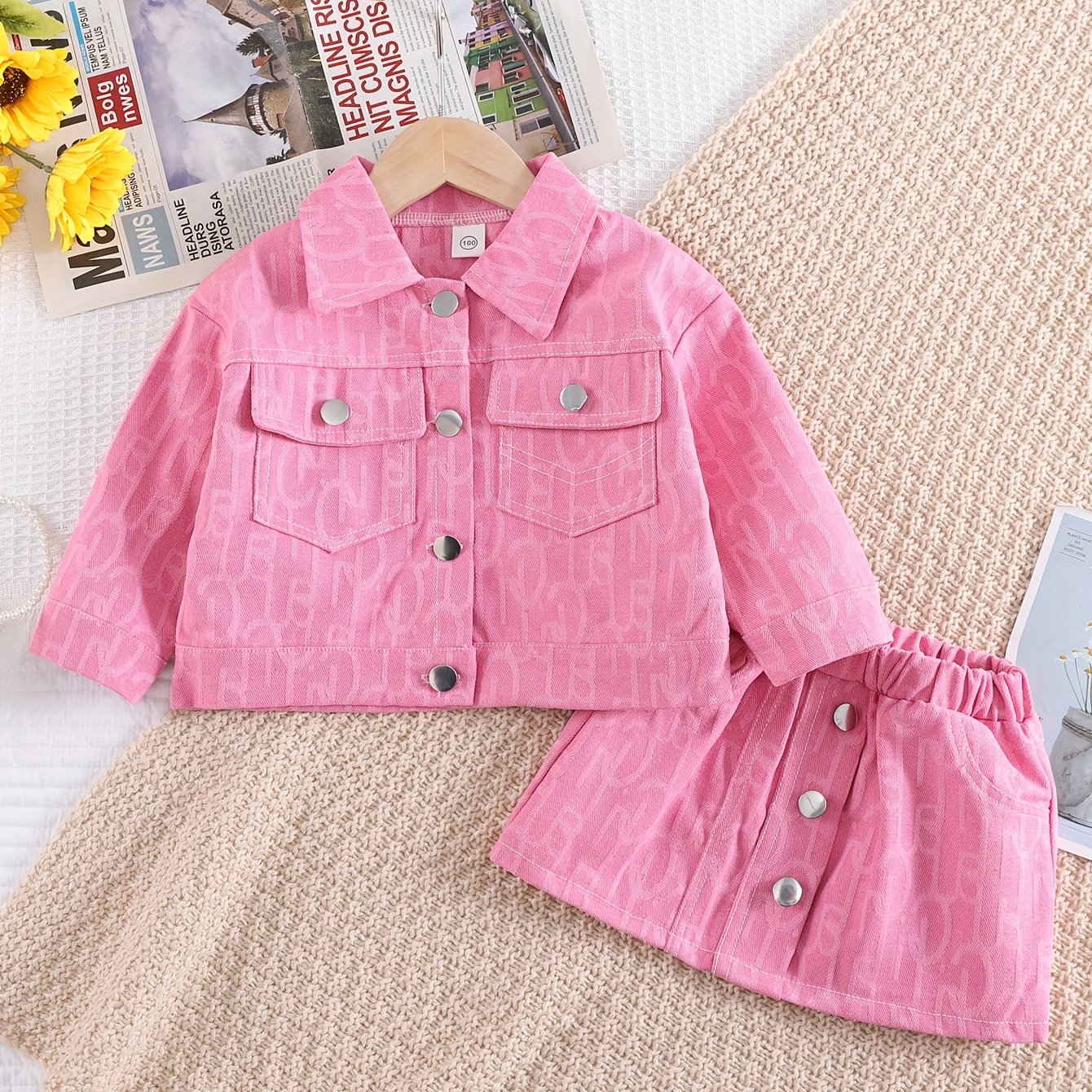 Bolalar uchun pushti jacquard denim kurtka va yubka to'plami, kundalik bahor va kuz