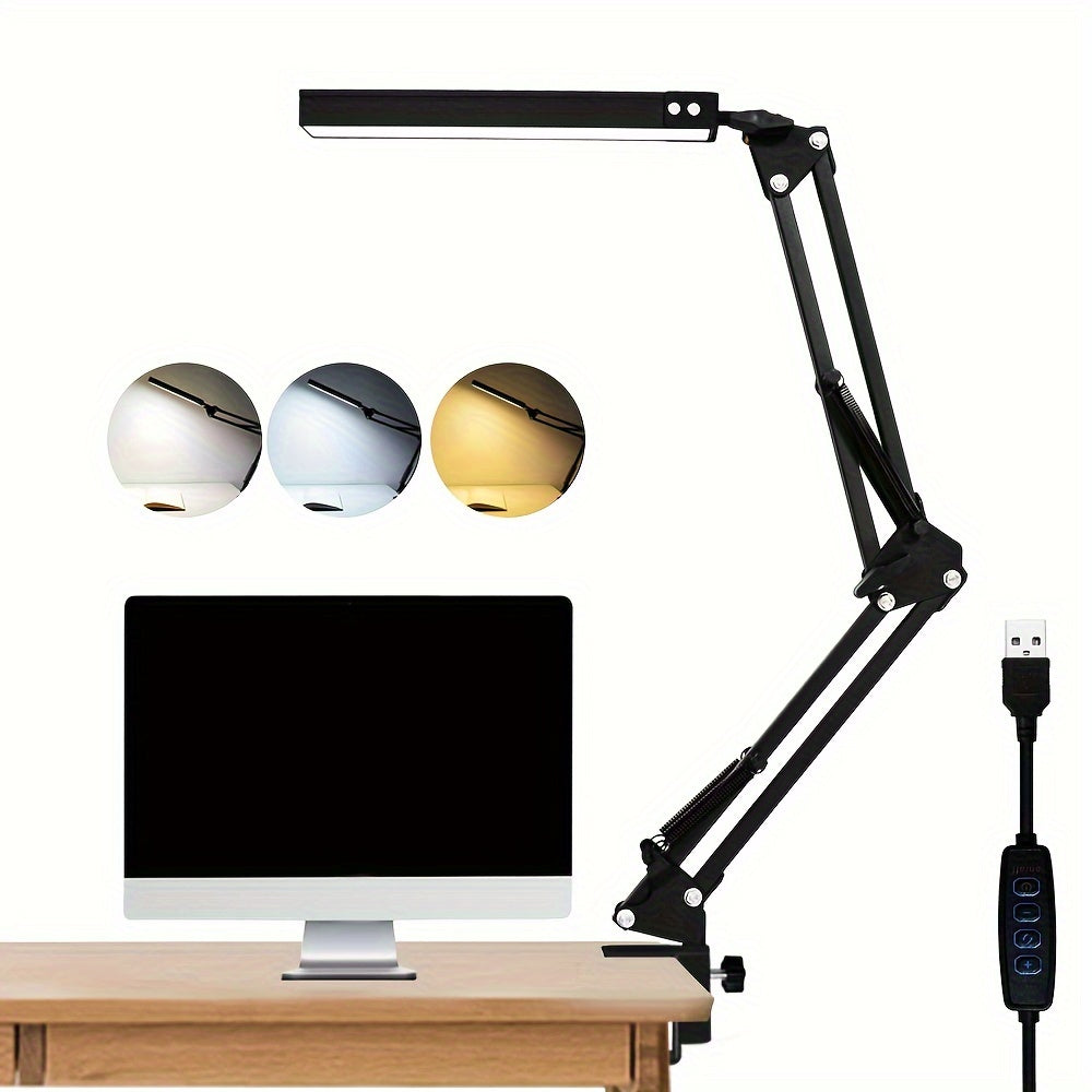 Adjustable LED Desk Lamp with Clip-On Base USB Powered 3 Color Temperatures 10 Brightness Levels Modern Swing Arm for Office Reading Study