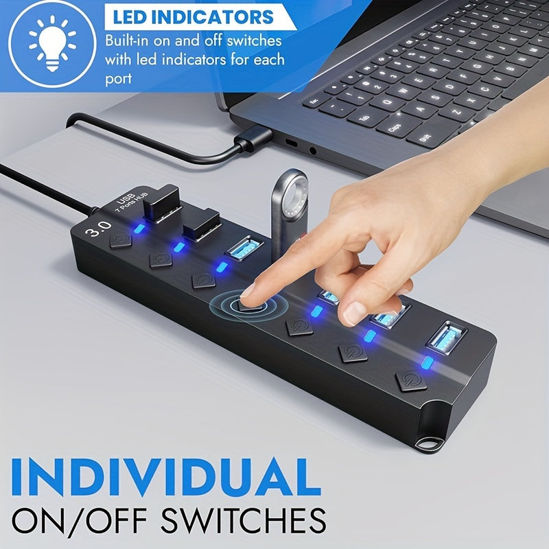 USB 3.0 Hub 7 Ports with On/Off Switch for Laptop MacBook Surface Pro PC