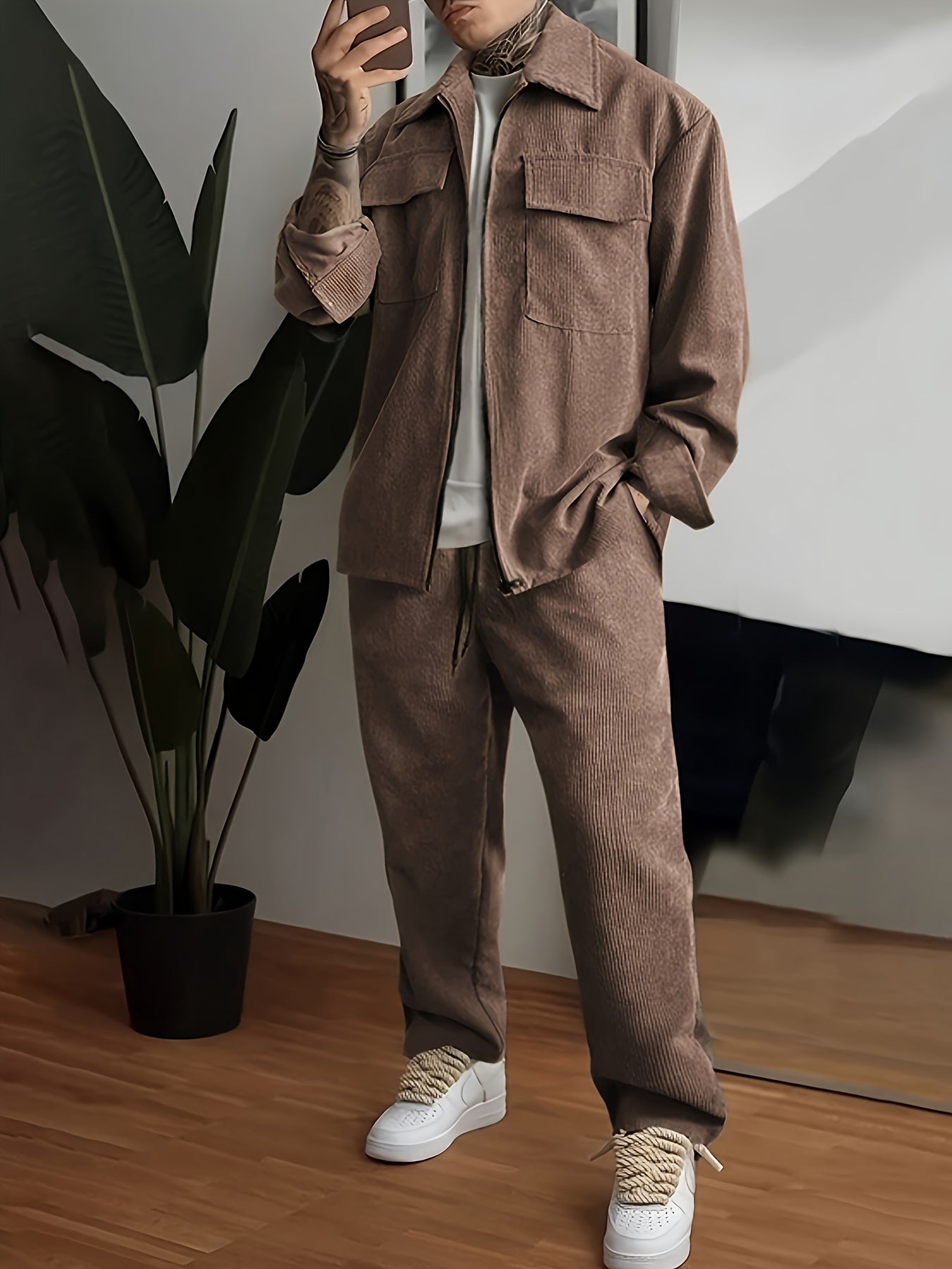 Men's Casual Set Brown Polyester Woven Jacket and Pants Fall Winter Outdoor Leisure