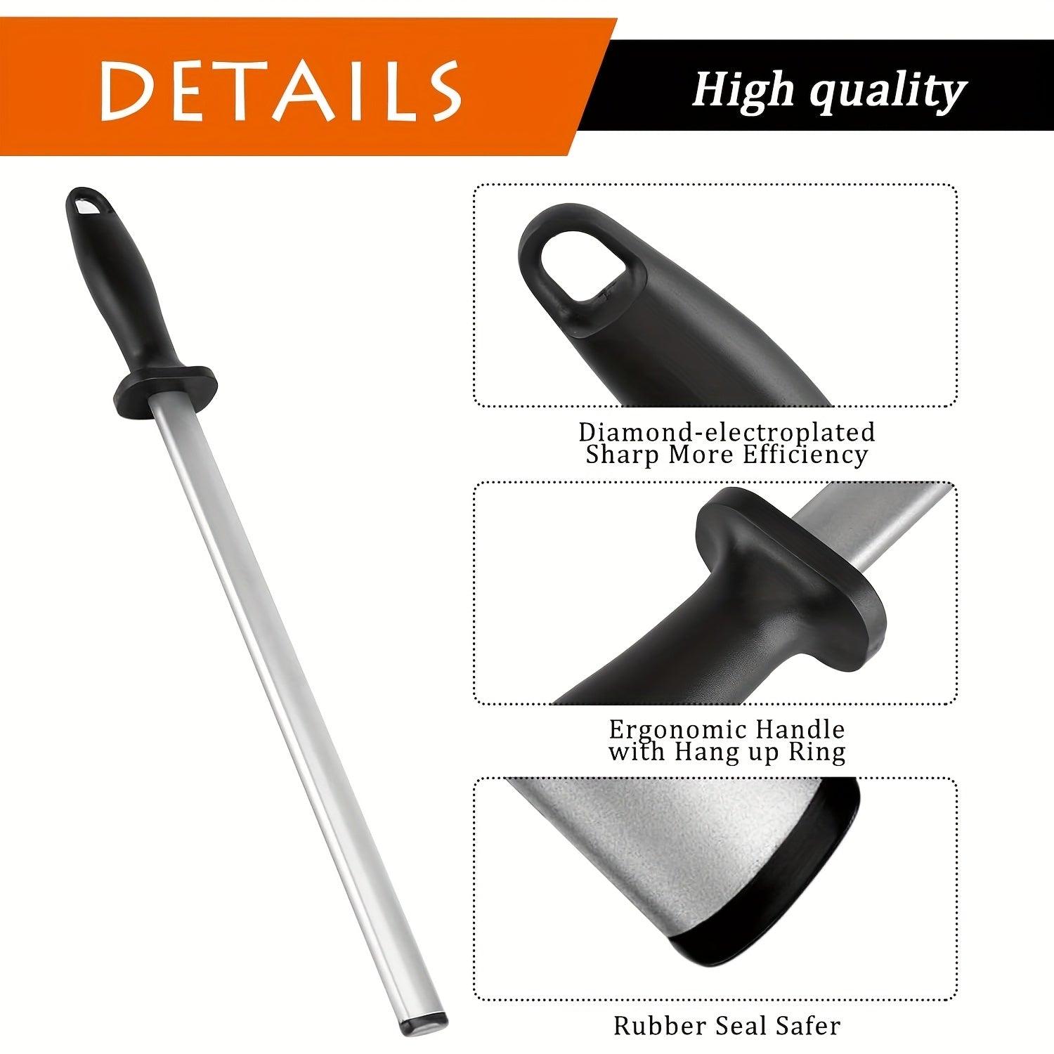 8-Inch Diamond Coated Knife Sharpening Steel with Black Handle for Kitchen Knives