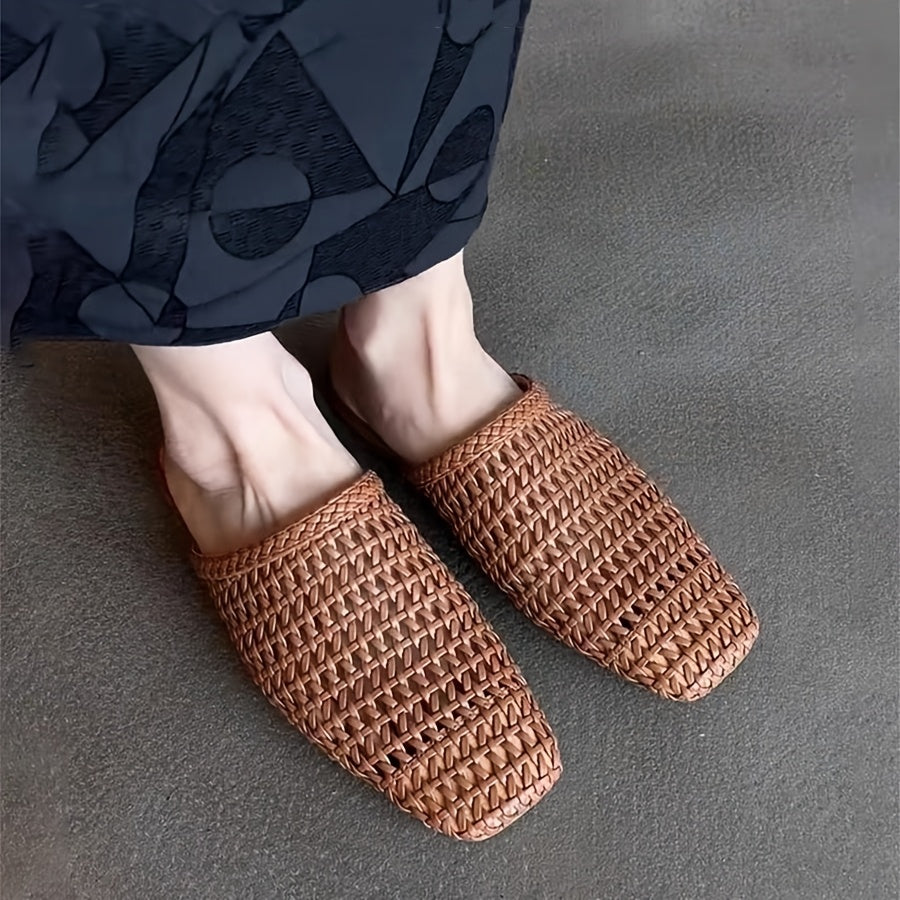 Women Crochet Mules Breathable Open-Toe Summer Shoes Beige Synthetic Flat Heel
