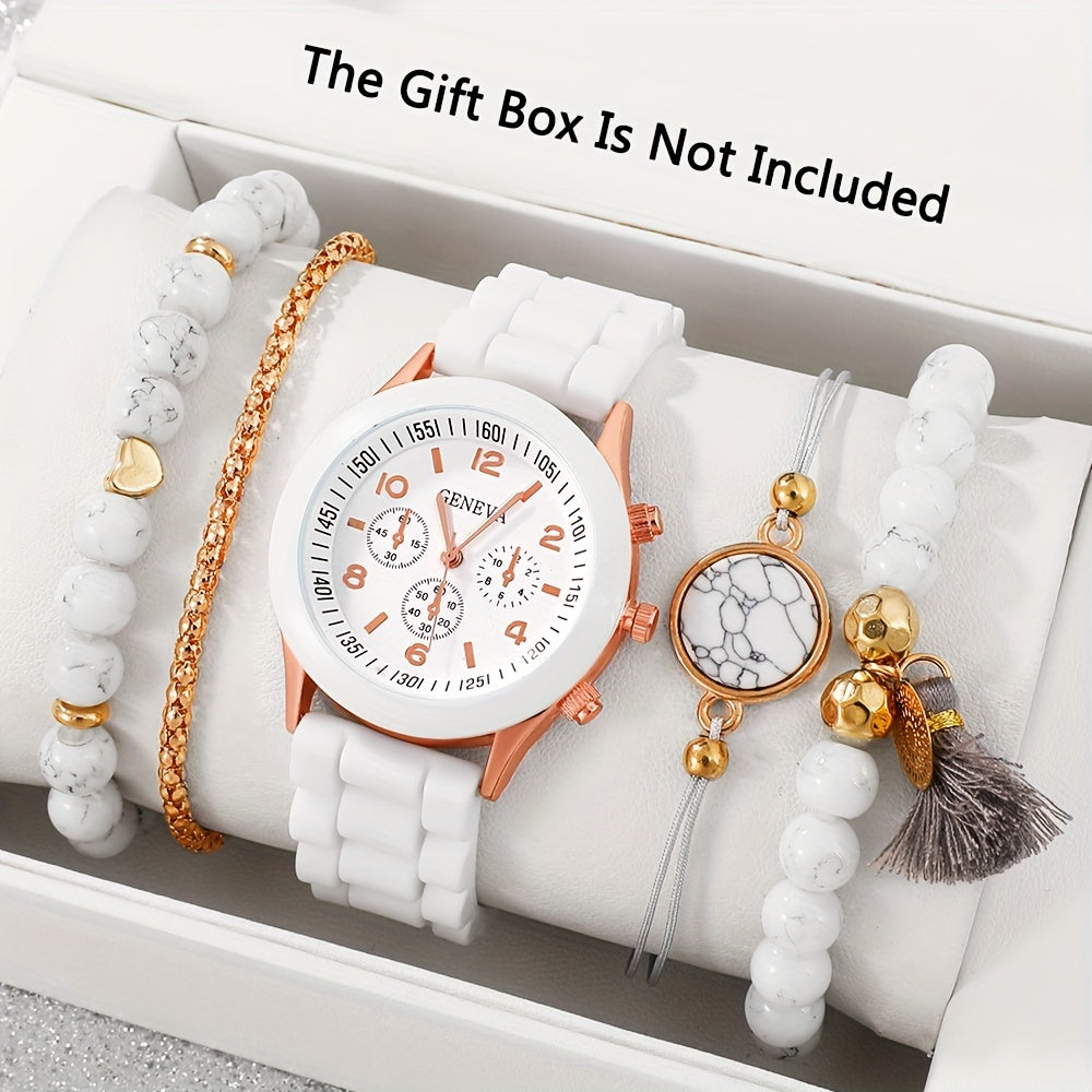 Set of 5 Women's Quartz Watches with Silicone Straps and Bracelets for Gift