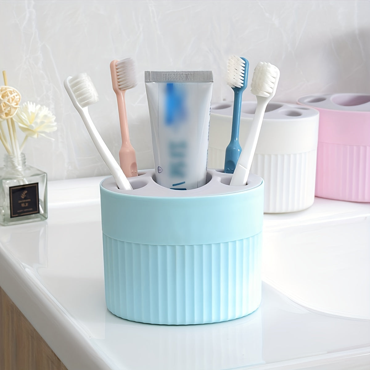 Plastic Bathroom Organizer for Toothbrush and Toothpaste Freestanding Space-Saving