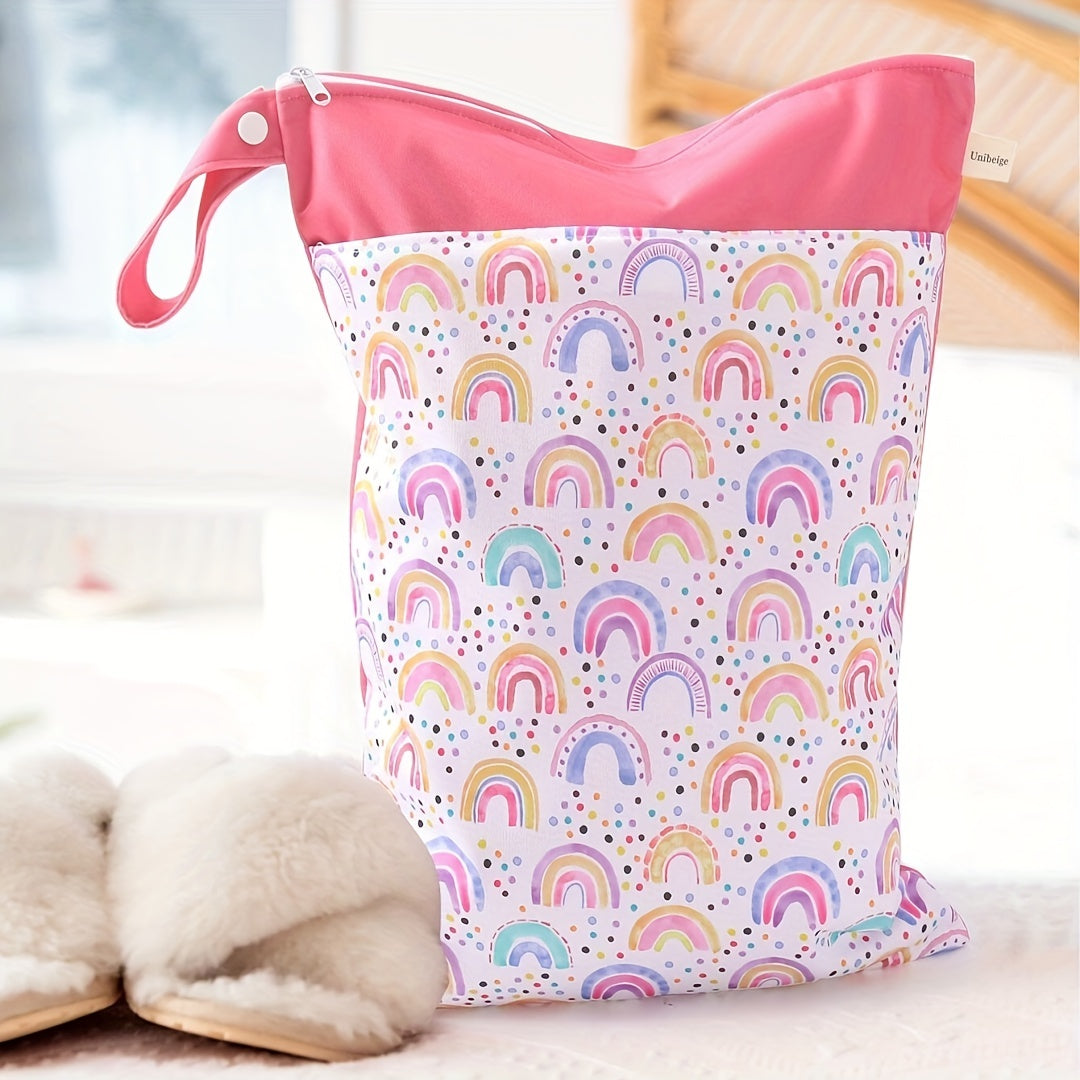 Pink Rainbow Diaper Bag with Double Zipper Trolley Hanging Design Waterproof Travel Bag
