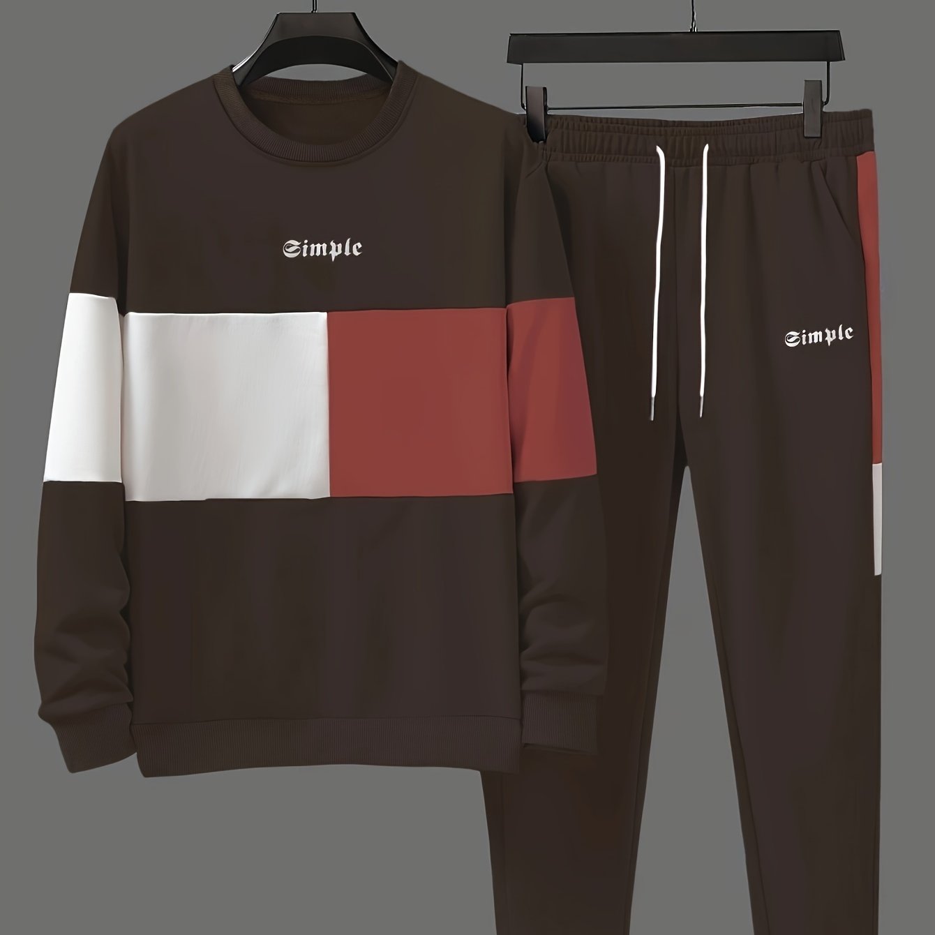 Men's Color Block Polyester Crew Neck Sweatshirt and Joggers Set for Spring and Fall