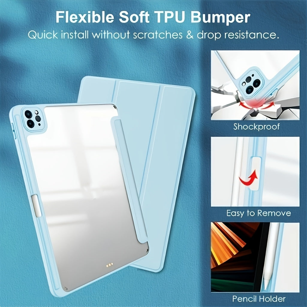 Funda de acrílico transparente duradera para iPad con ranura para bolígrafo y función de sueño/despertar automático para modelos Air y Pro