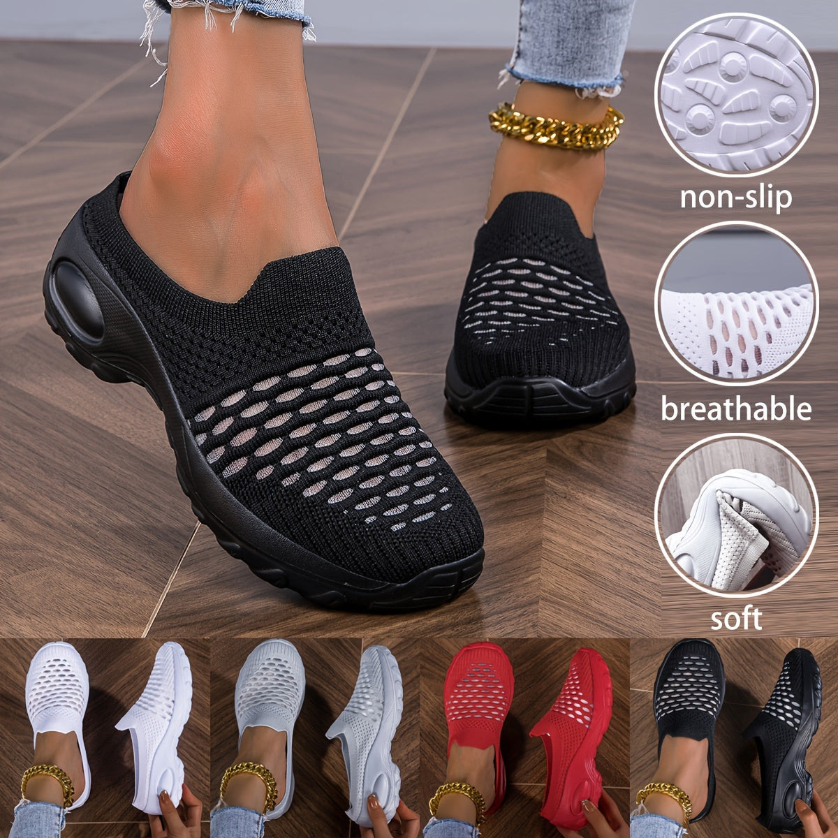 Women's Slip-On Backless Sneakers Breathable Knit Mesh Casual Shoes Plus Size