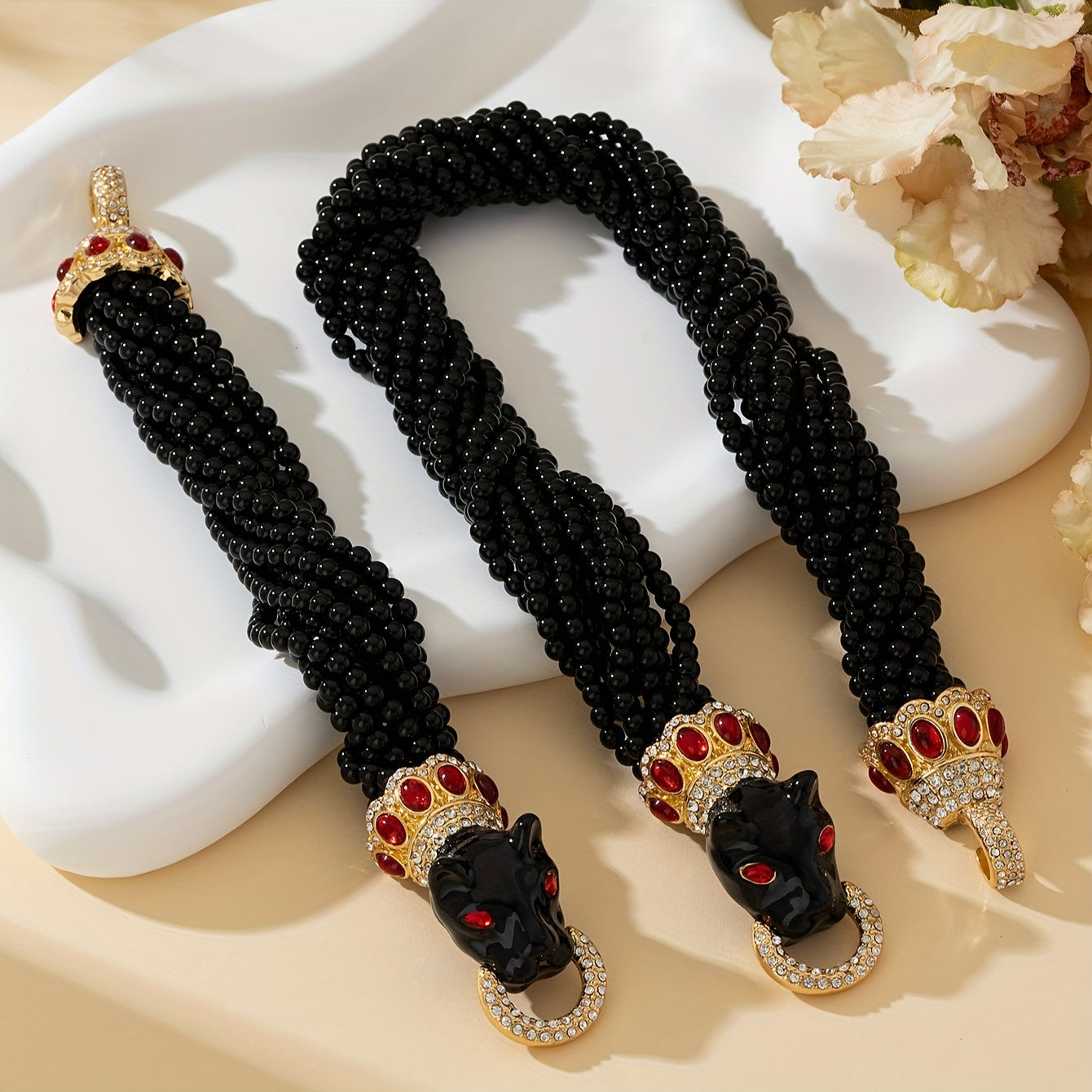 Leopard Print Necklace and Bracelet Set with Glass Beads and Enamel Chain for Women