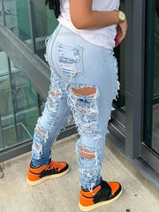 Jeans para mujer de corte casual ajustado, con alta elasticidad y talla grande, en color degradado