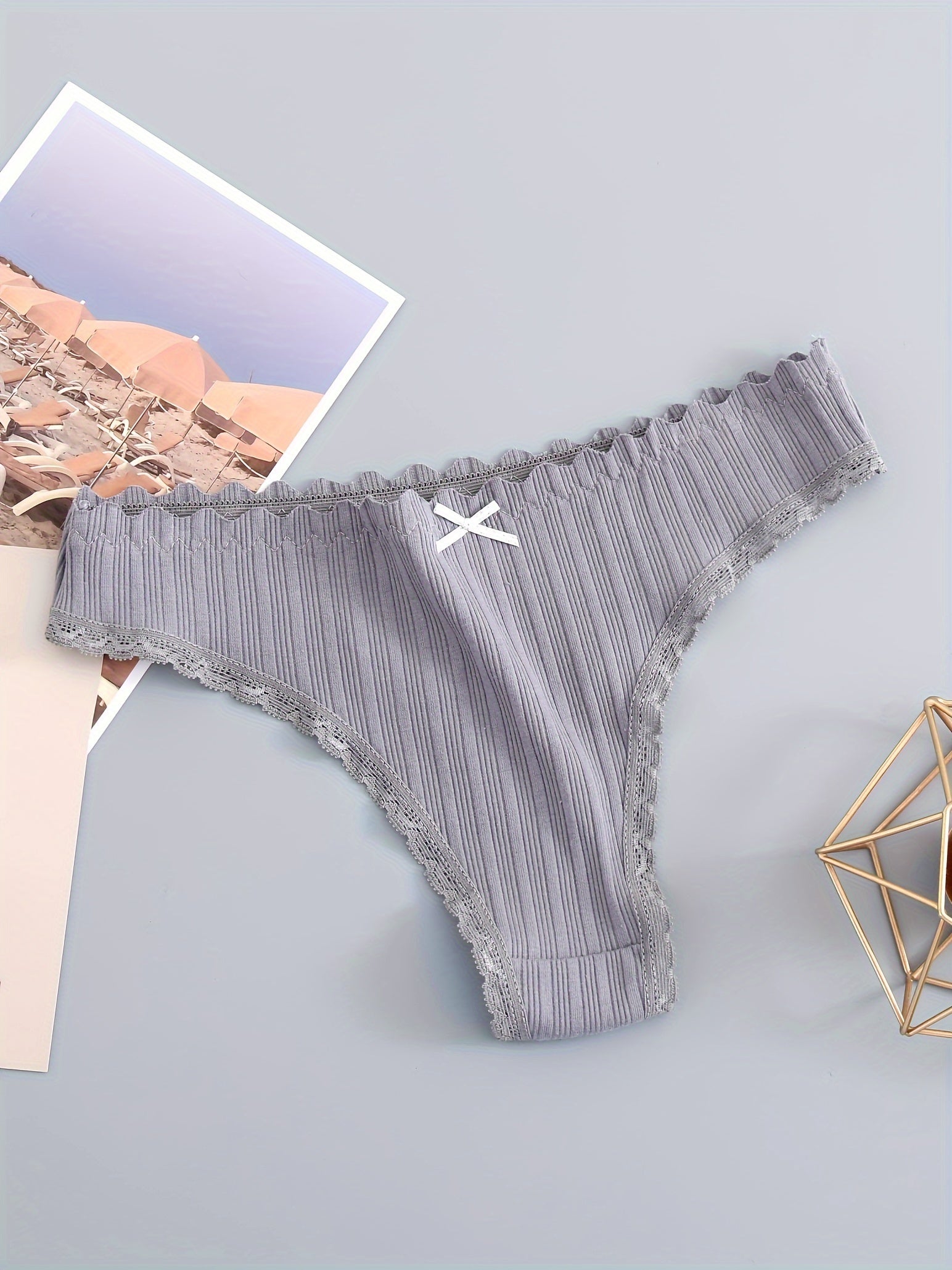 Women's Floral Lace Trim Thongs Low Waist Panties with Scallop Edge Set