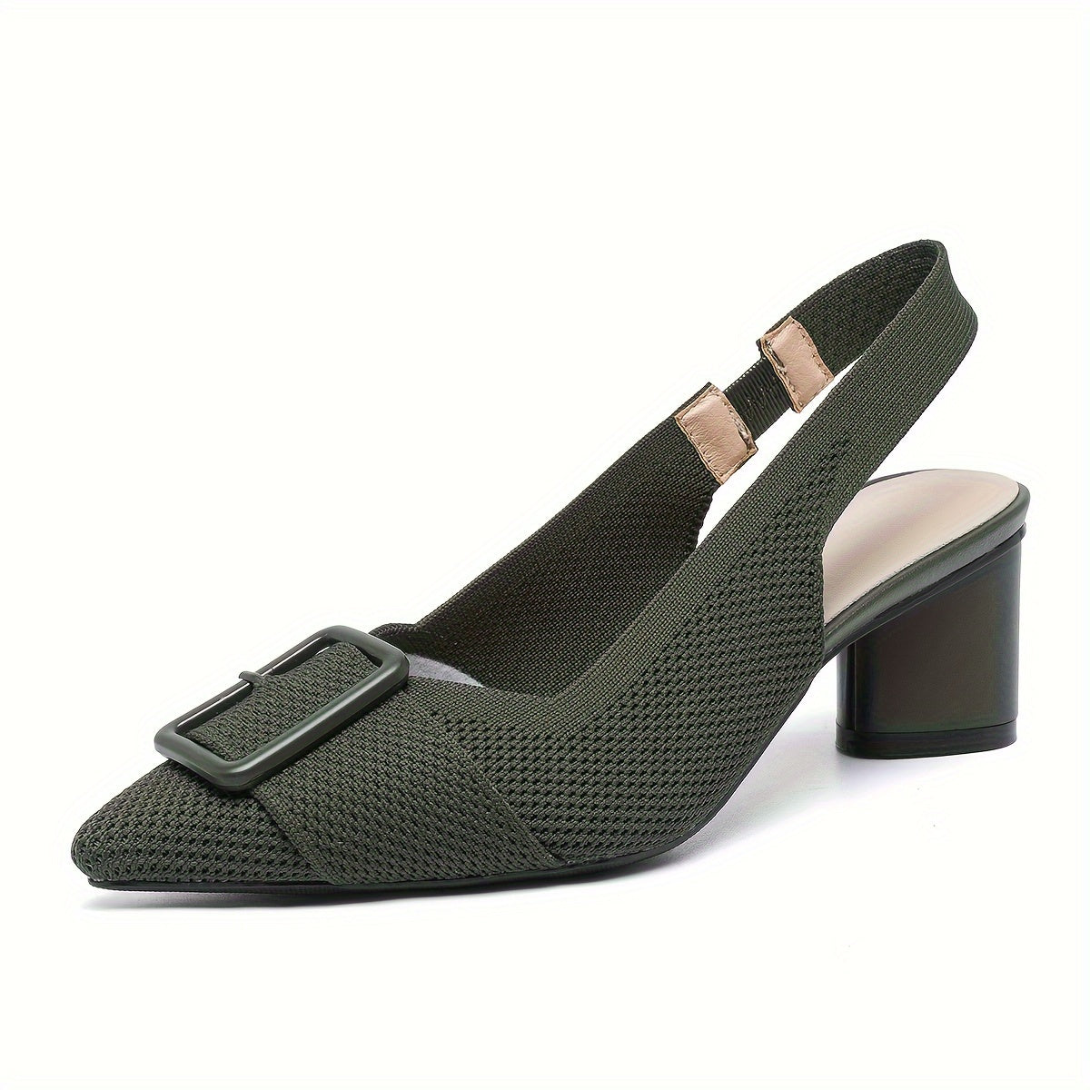 Women's Mid-Heel Pumps with Breathable Knit, Pointed Toe, Slip-On, Chunky Heel