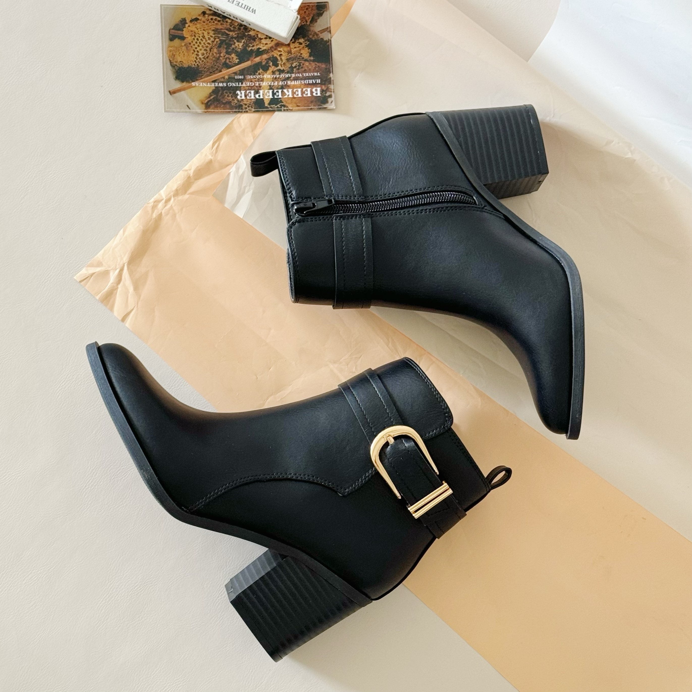 Women's Faux Leather Ankle Boots with Chunky Heel and Pointed Toe