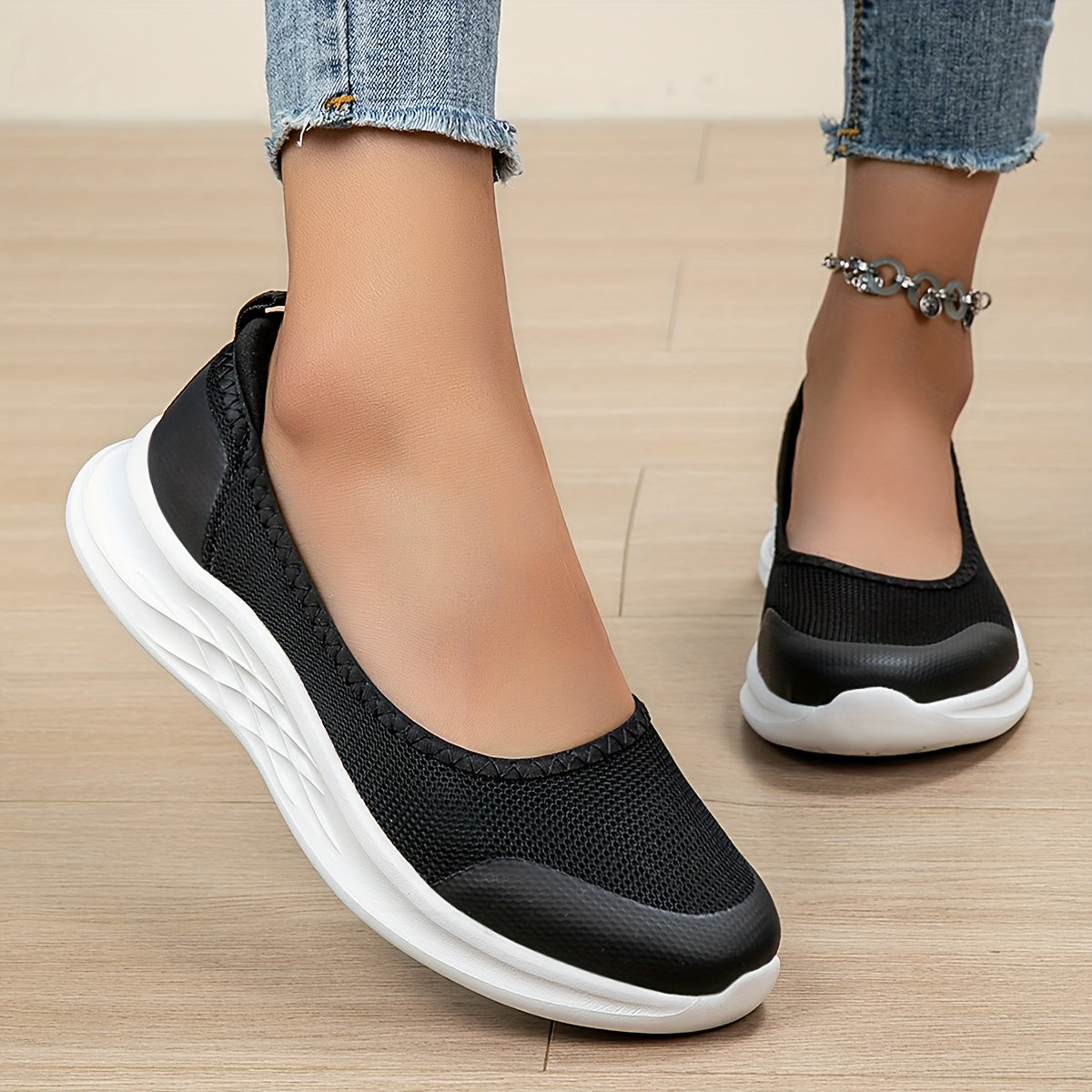 Women's Slip-On Loafers Breathable Mesh Casual Shoes Light Pink White