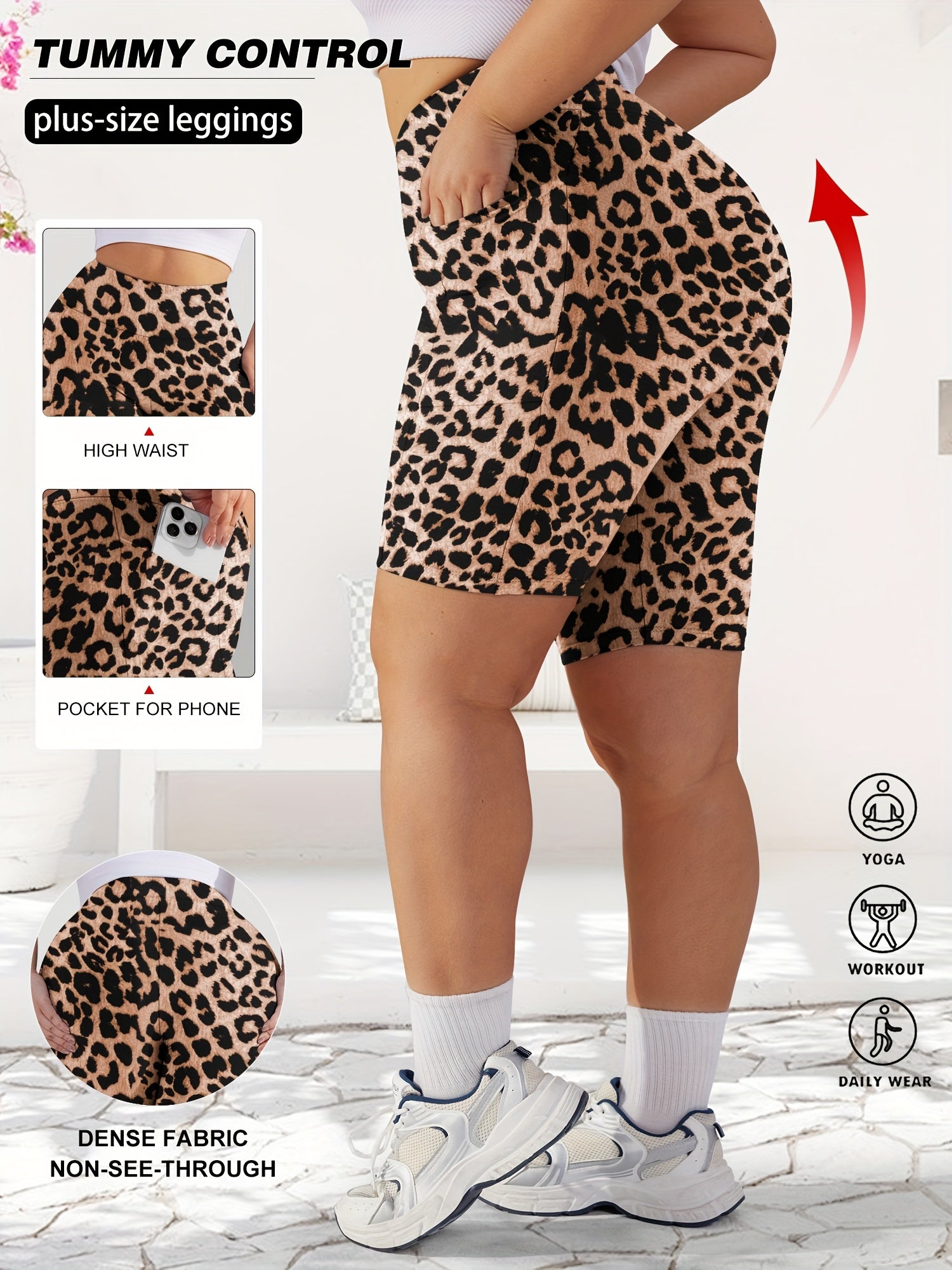 Shorts de mujer de talla grande con cintura alta y estampado de leopardo, elásticos y no transparentes