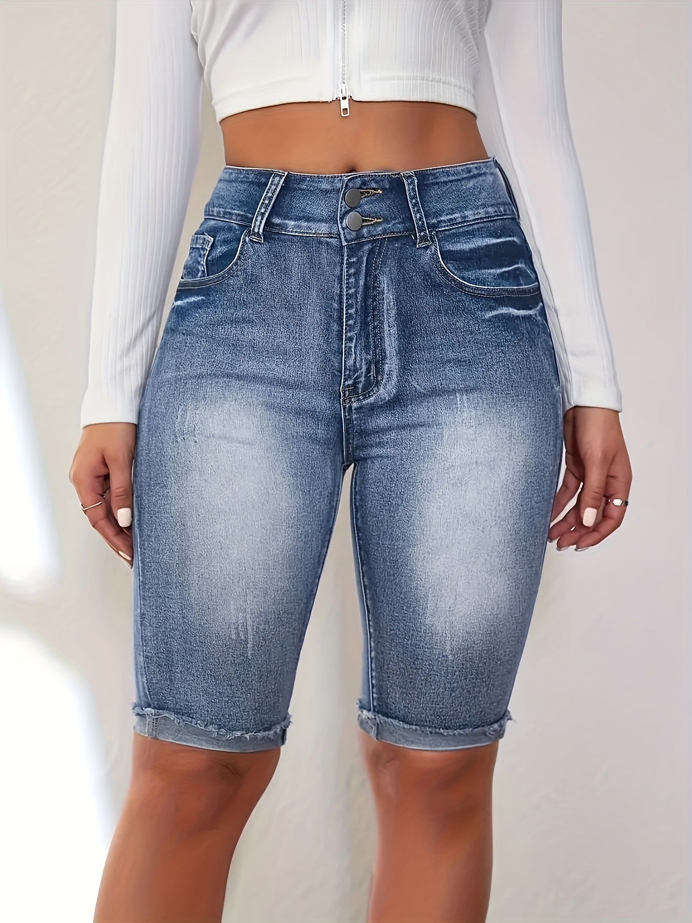 Plus Size Women's Washed Blue Stretch Bermuda Denim Shorts