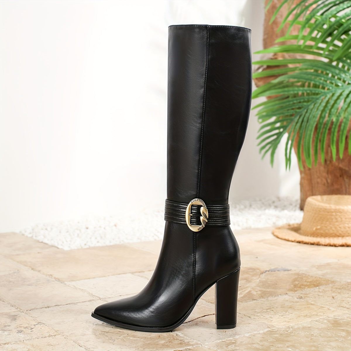 Women’s Winter Knee-High Boots Synthetic Cover Pointed Toe Chunky Heel Black