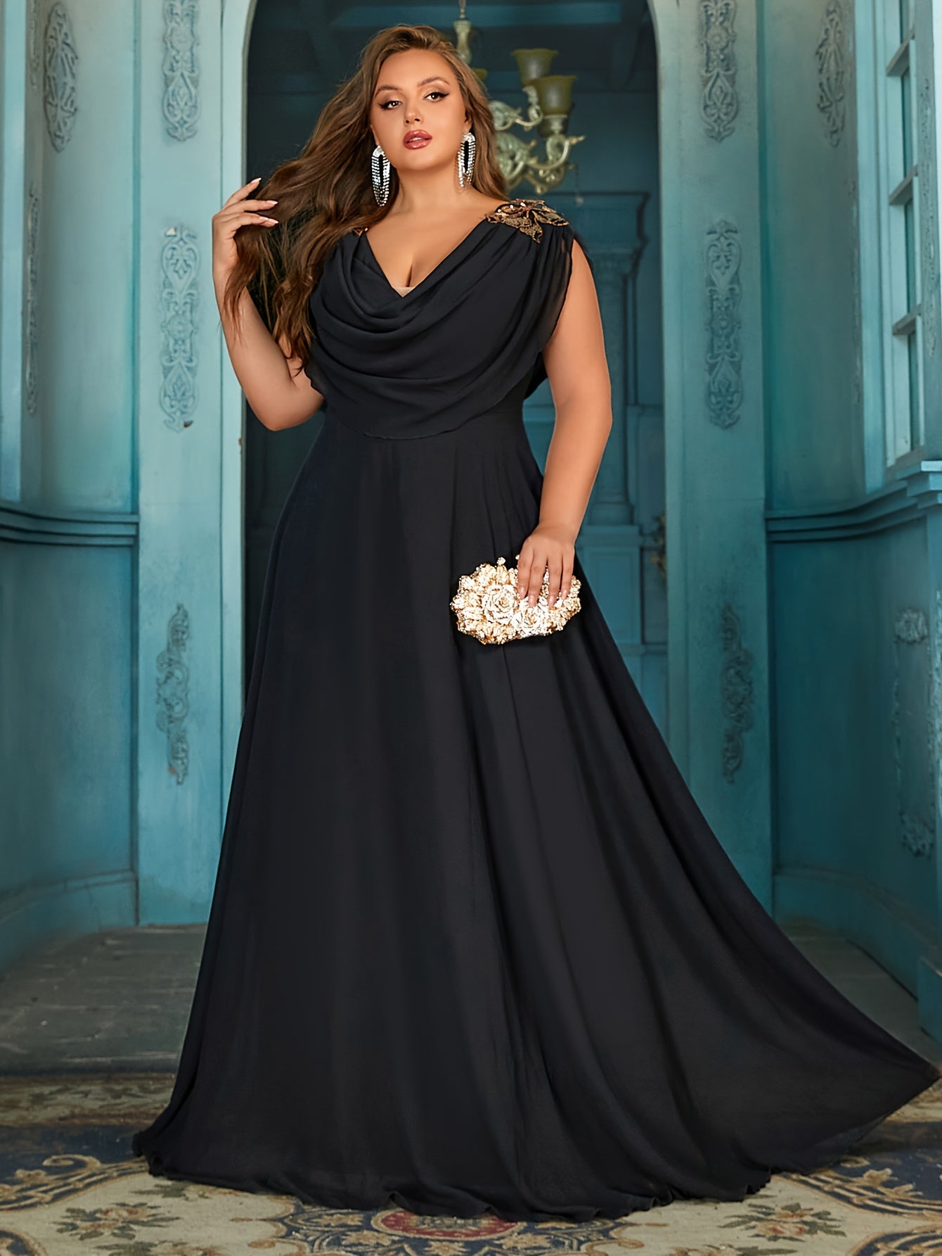 Plus Size Sleeveless V-Neck Wedding Dress Polyester Pleated Gown