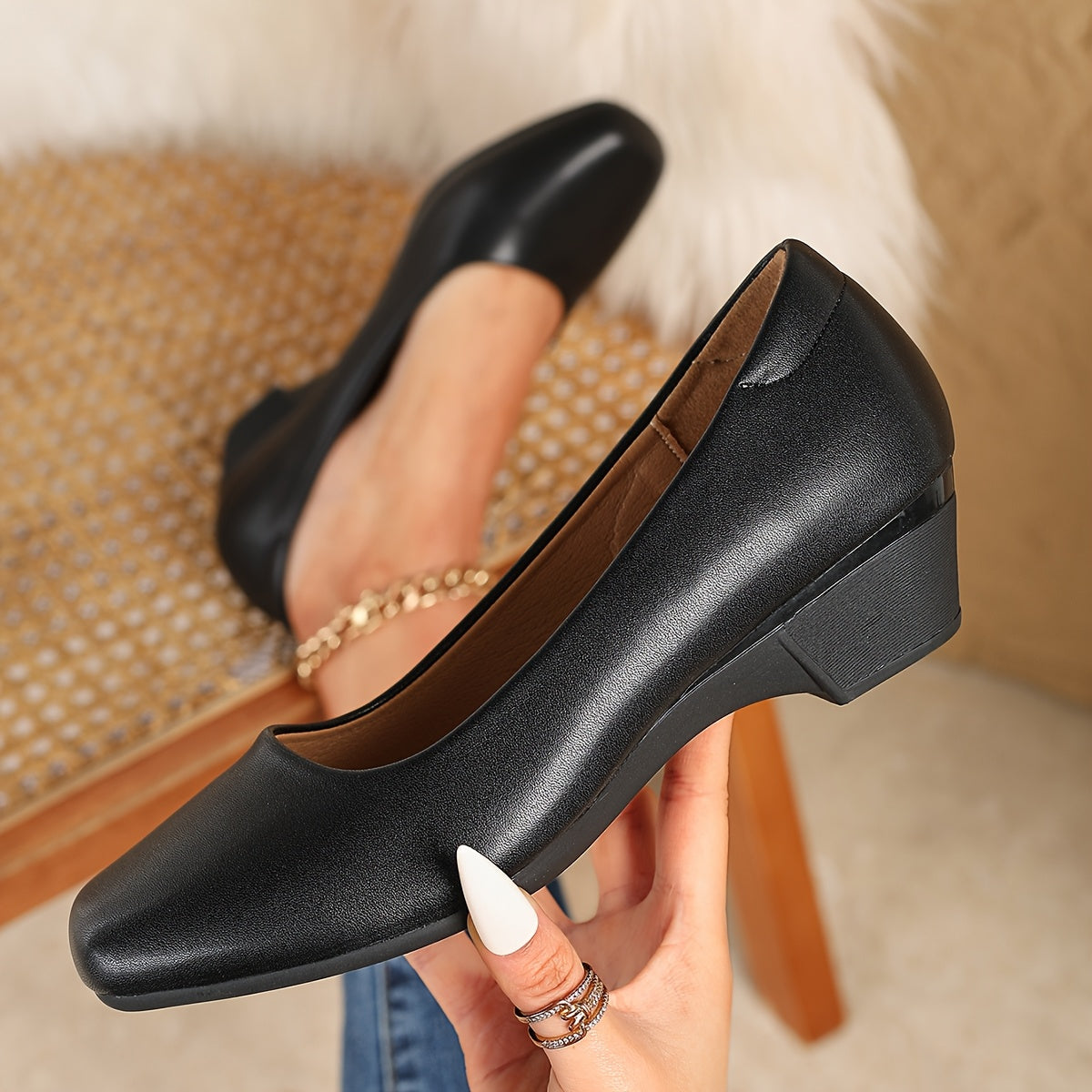 Women’s Black PU Cover Chunky Heel Square Toe Work Shoes