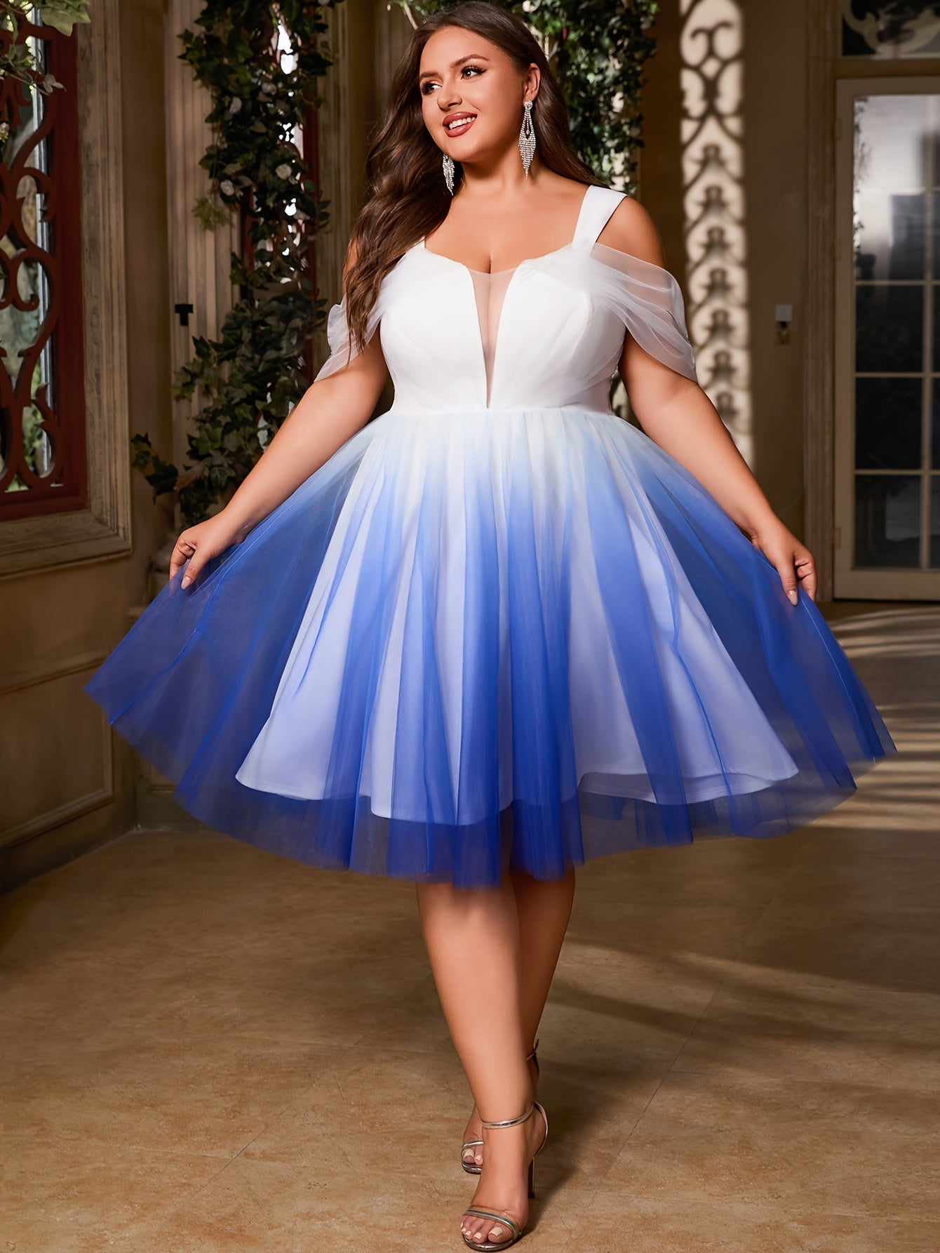 Plus Size Women's Off-Shoulder Prom Dress Gradient Purple Blue A-Line Gown