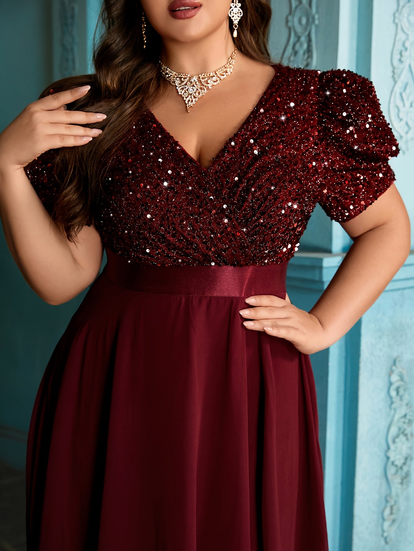 Plus Size Sequin Bubble Sleeve Evening Gown Black Formal Dress