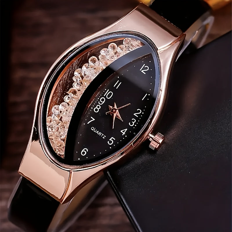 Quartz Watch for Women with Black Dial and PU Strap, Zinc Alloy Hands, Gift for Mother's Day Easter Ramadan Eid