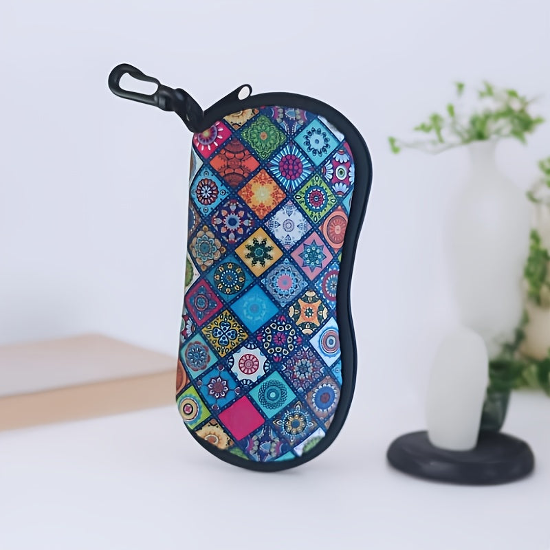 Neoprene Glass Case with Zipper and Carabiner Clip Mandala Design Portable Fits All Glasses