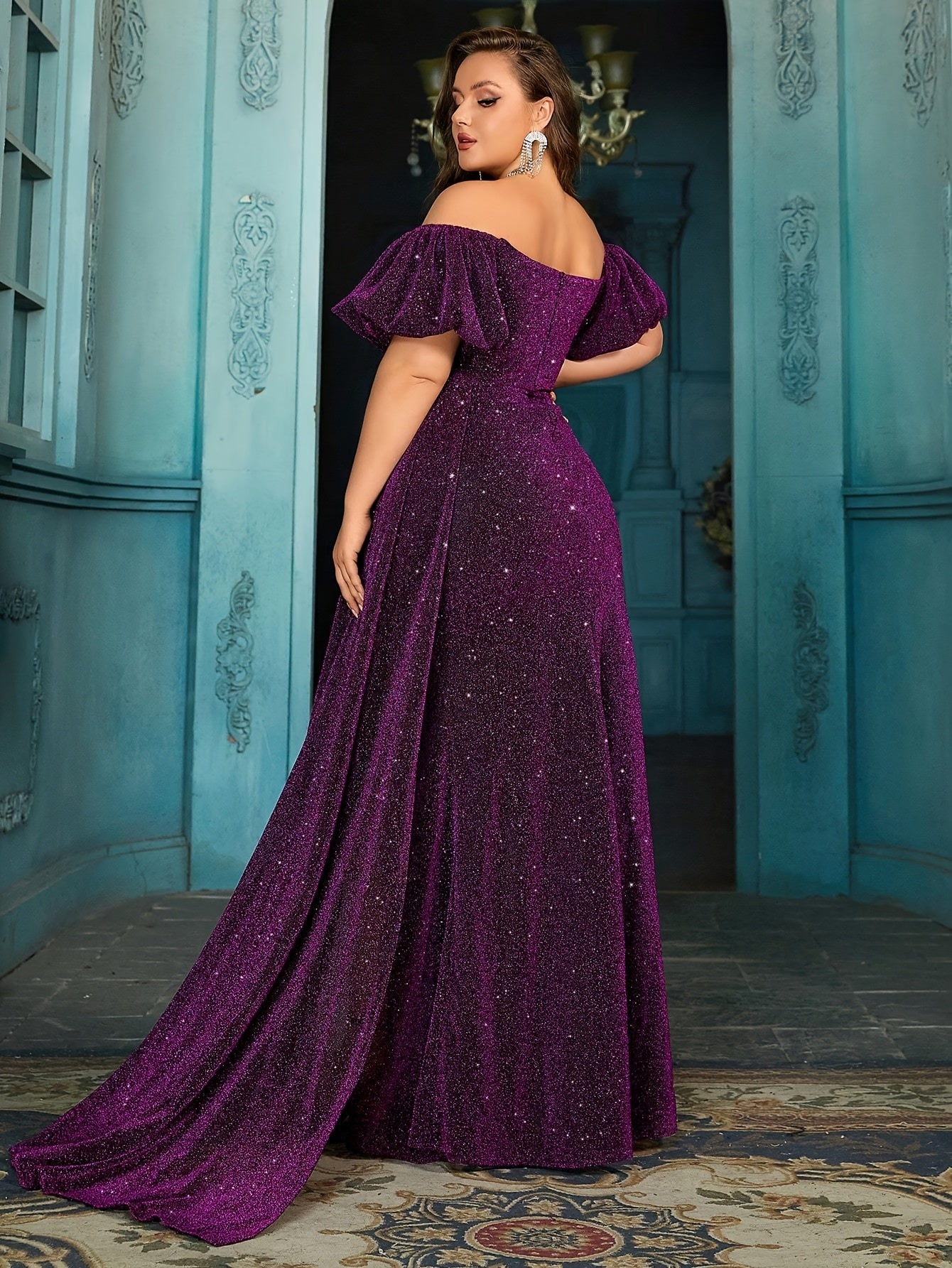 Plus Size Elegant Sparkly Off-Shoulder Mermaid Evening Gown with Ruffled Sleeves