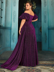 Plus Size Elegant Sparkly Off-Shoulder Mermaid Evening Gown with Ruffled Sleeves