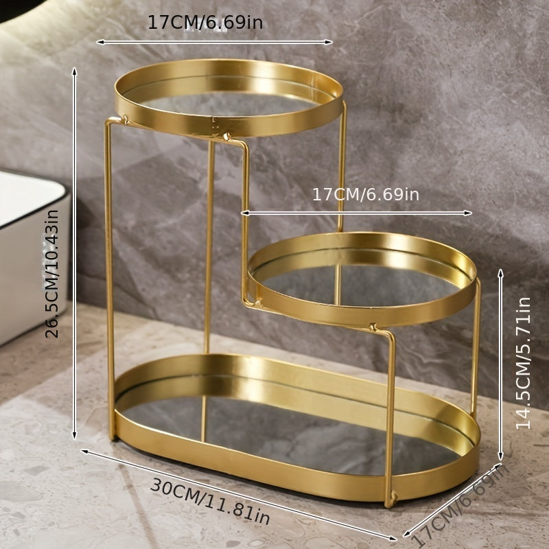 Golden Metal Cosmetic Organizer with 3 Tiers Marble Pattern Vanity Bathroom Storage