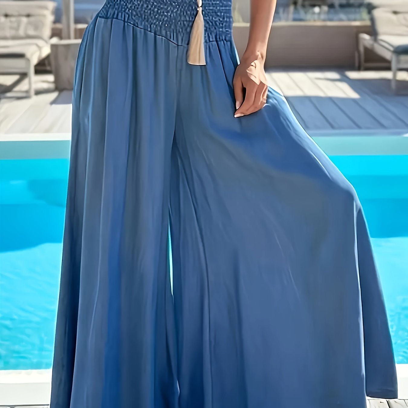 Women's Plus Size Wide-Leg Polyester Pants High Waist Solid Color