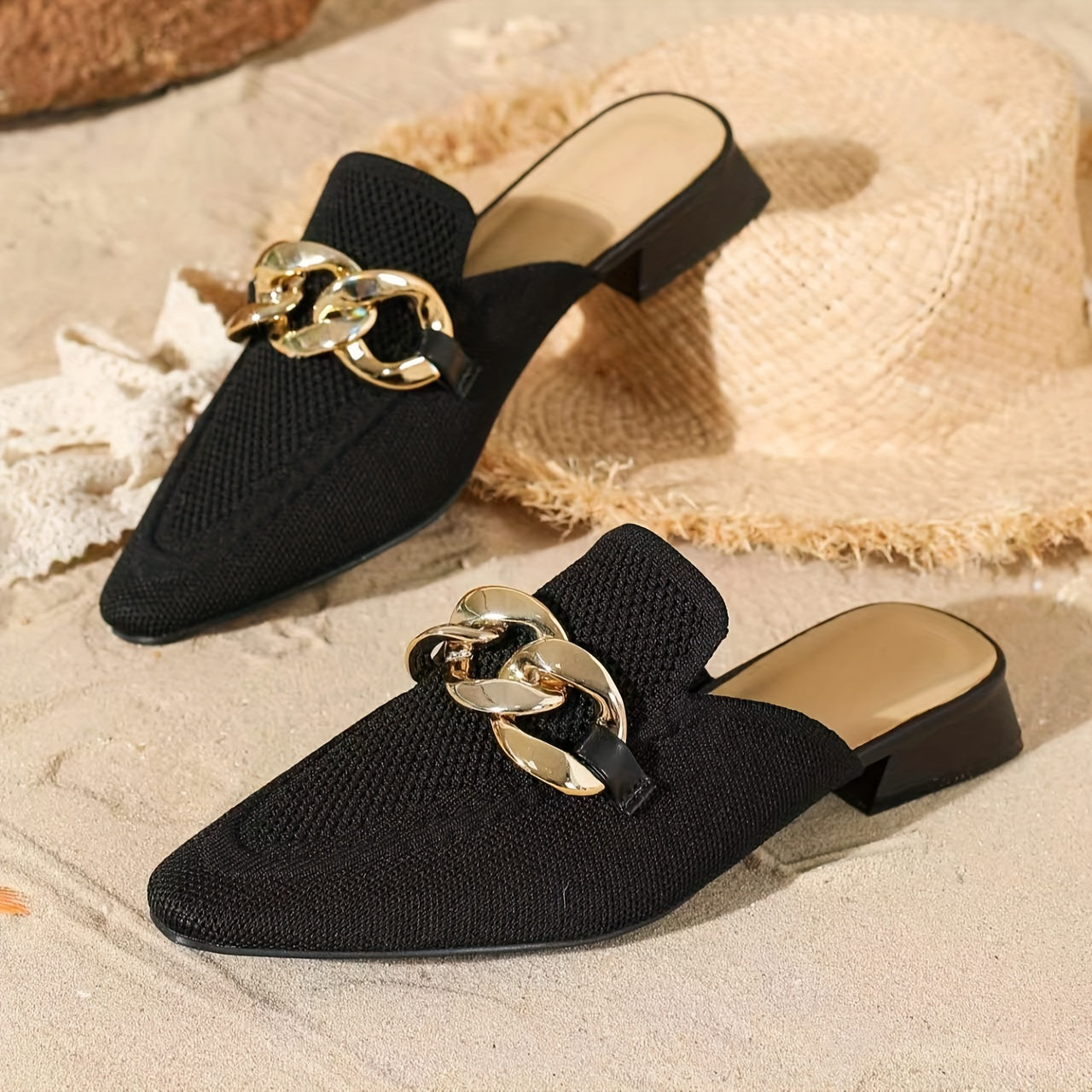 Women's Black Mules with Metallic Chain Pointed Toe Low Heel Flats