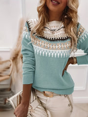 Women's Oversized Crew Neck Pullover Sweater Tribal Pattern Knit Fall Casual