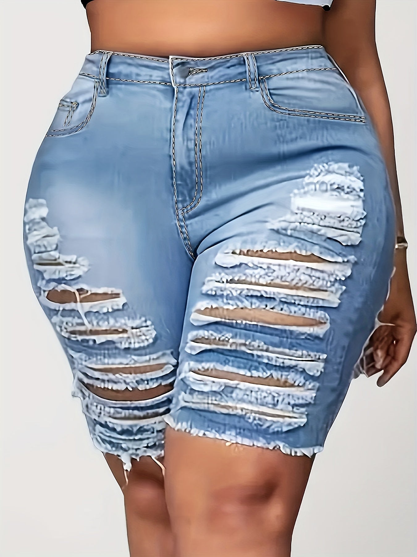 Plus Size Women's Ripped Raw Hem Denim Shorts High Waist Casual