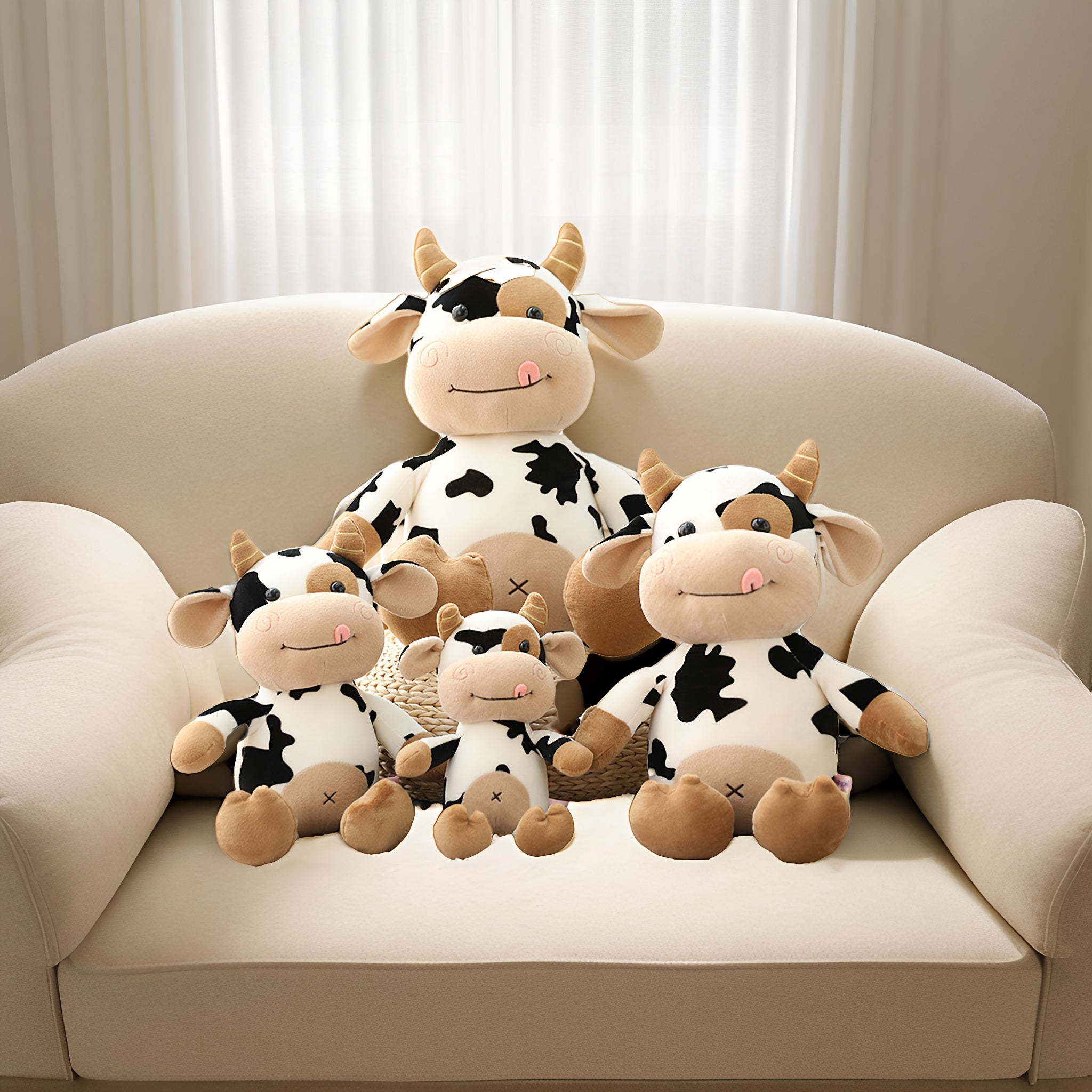 Cartoon Cow Plush Toy for All Ages Soft Polyester Brown White Cuddle Gift