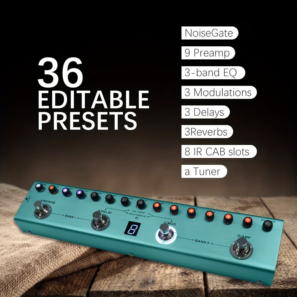 Guitar Effects Pedal Noise Gate 9 Preamp Slots 3-Band EQ Delay Reverb IR Cab Tuner USB Rechargeable