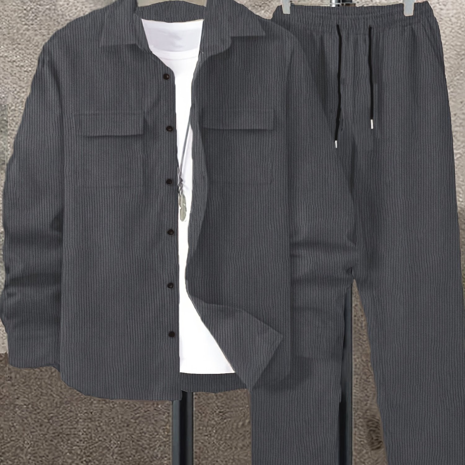 Men's Solid Color Corduroy Suit with Long Sleeve Shirt and Pants