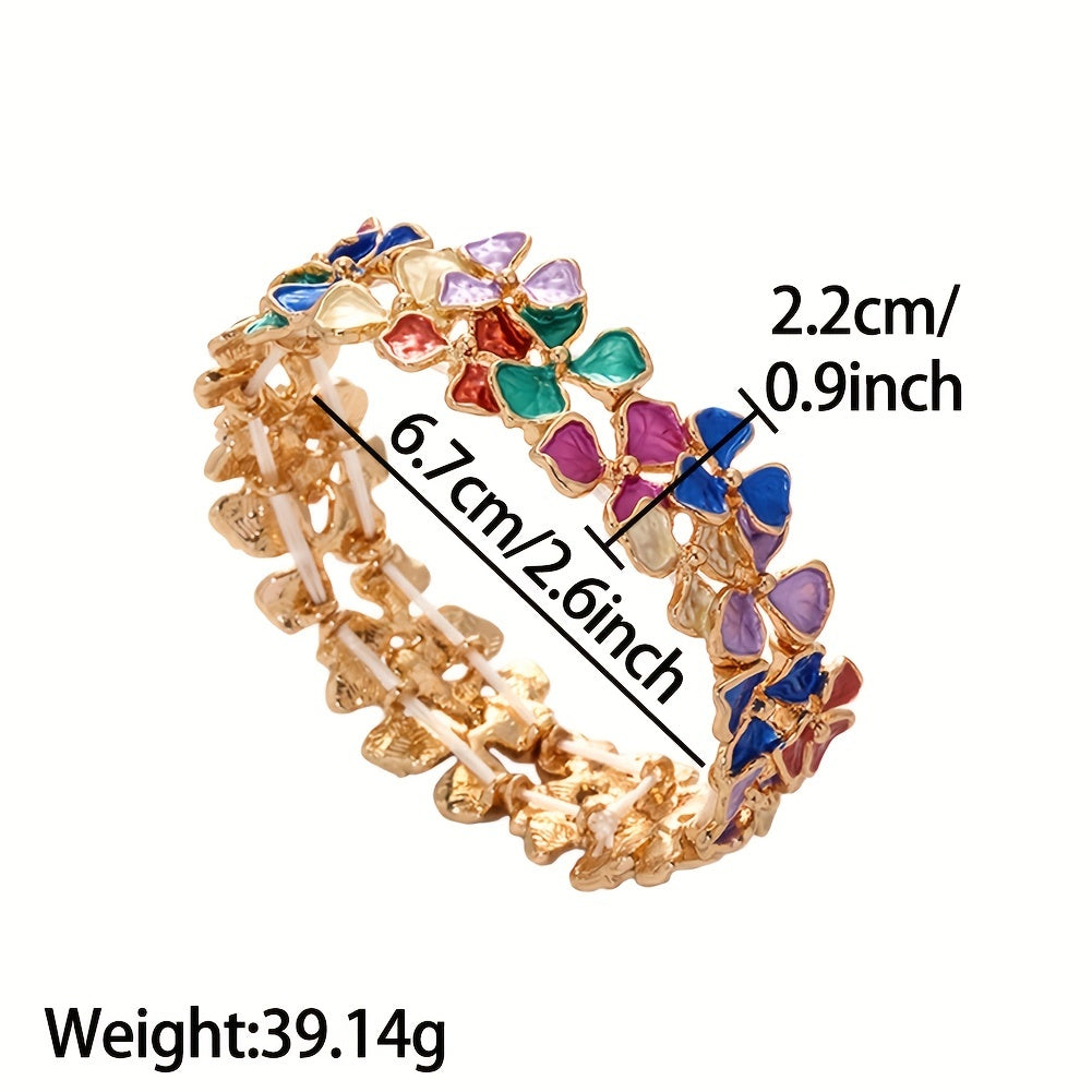 Women’s Enamel Flower Bracelet 18K Gold Plated Zinc Alloy Stretch Bangle Jewelry