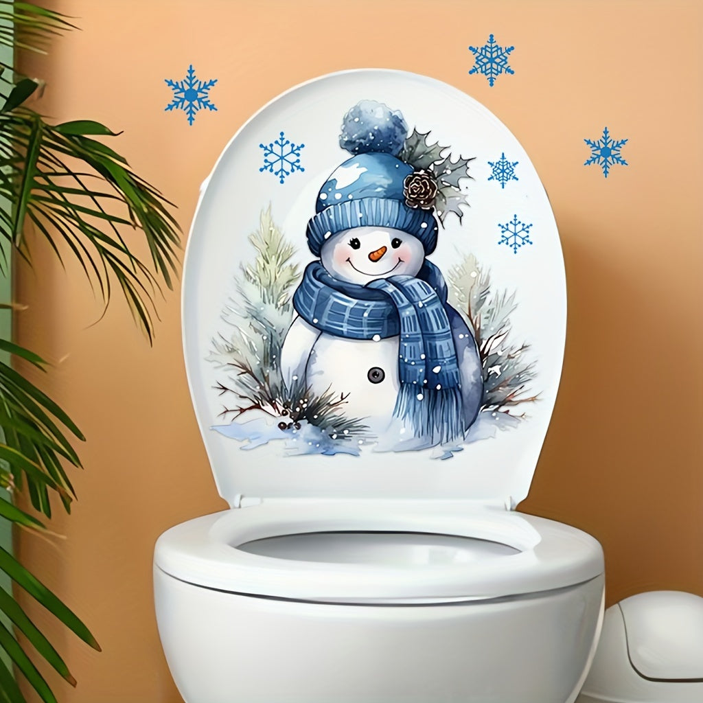 Conjunto de calcomanías navideñas de muñeco de nieve para baño, pegatina de vinilo con copo de nieve azul para tapa del inodoro