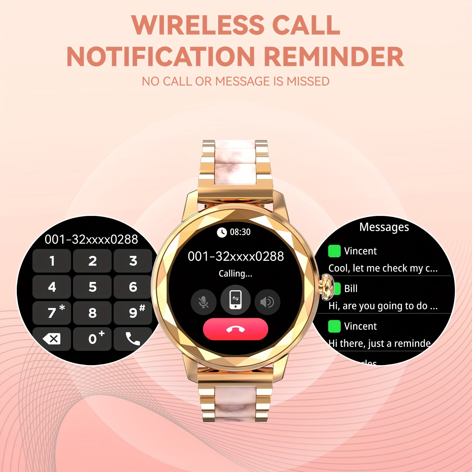 1.2 dyuymli ekranli, qo'ng'iroq, xabar bildirishnomalari, ob-havo, kaloriya hisoblagichi, musiqa, sport rejimlari bilan jihozlangan, iPhone/Android bilan mos keladigan hashamatli ayollar soati, ayollar uchun ideal 14-fevral sovg'asi.